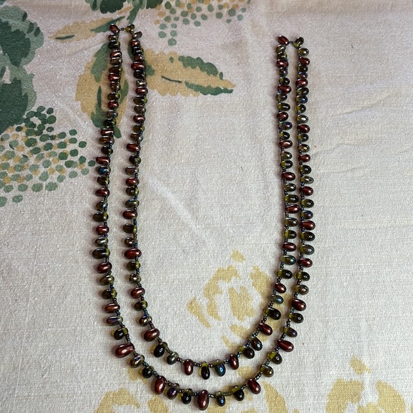 Bronze and green oblong glass beads and tiny seed bead spacer bead long necklace - Picture 7 of 8